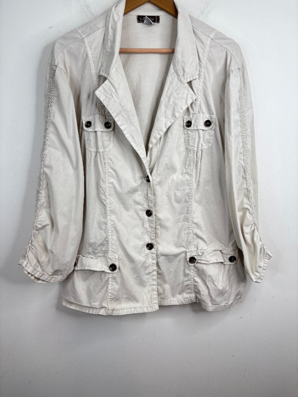 XCVI Women's Utility Shirt Jacket 3X Khaki Beige Cotton Chore Coat Lagenlook